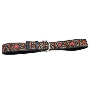Vintage Floral Embroidered Leather Belt Silver Buckle Boho Tapestry Woven 32‎